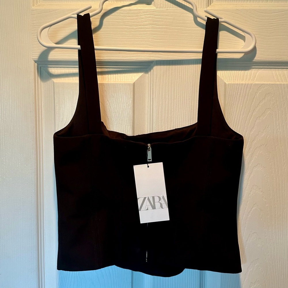 Zara Crop Sleeveless Straight Neck Top Black Medium Back Zip